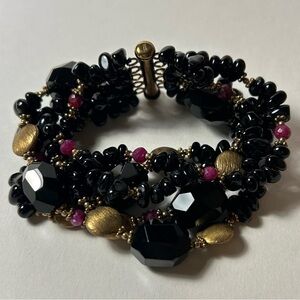 Sterling Silver Vermeil Onyx and Ruby Multi Strand Bracelet